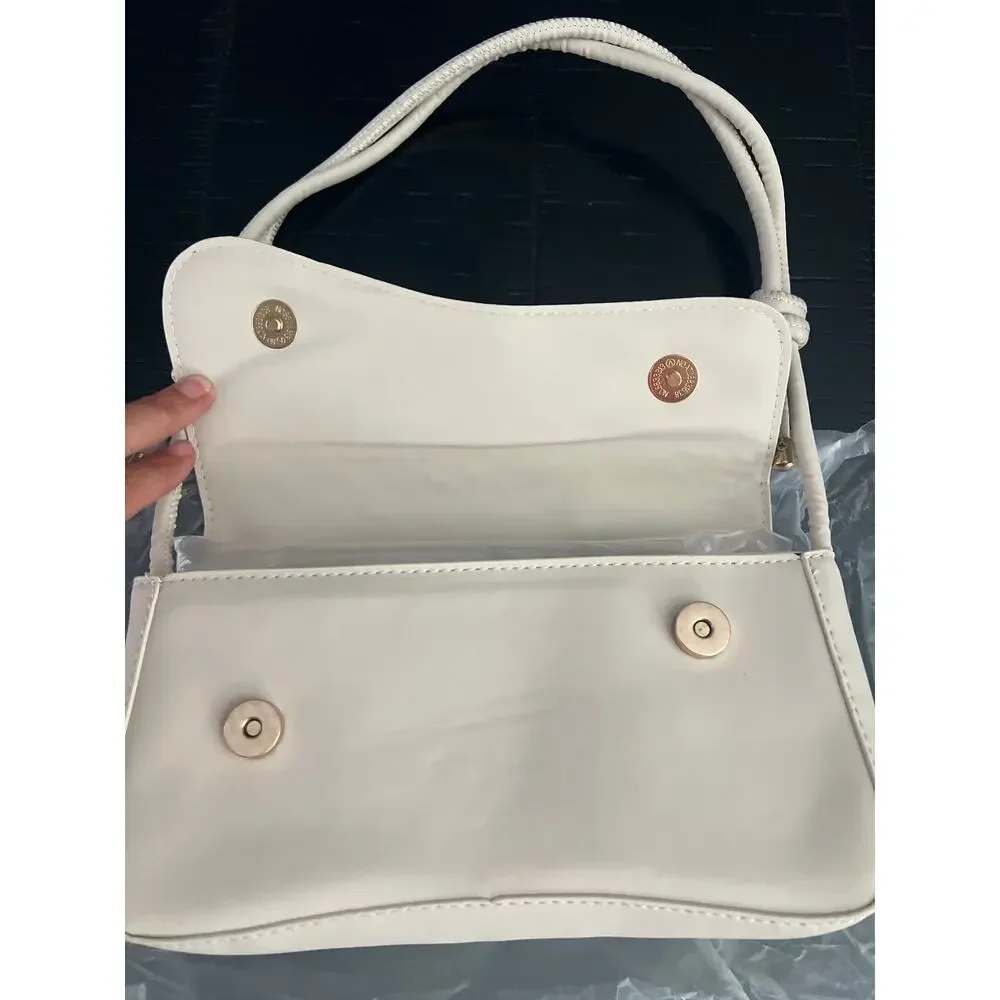 New Off White Asymmetrical Flap Baguette Shoulder Bag Knot Strap Handbag Purse